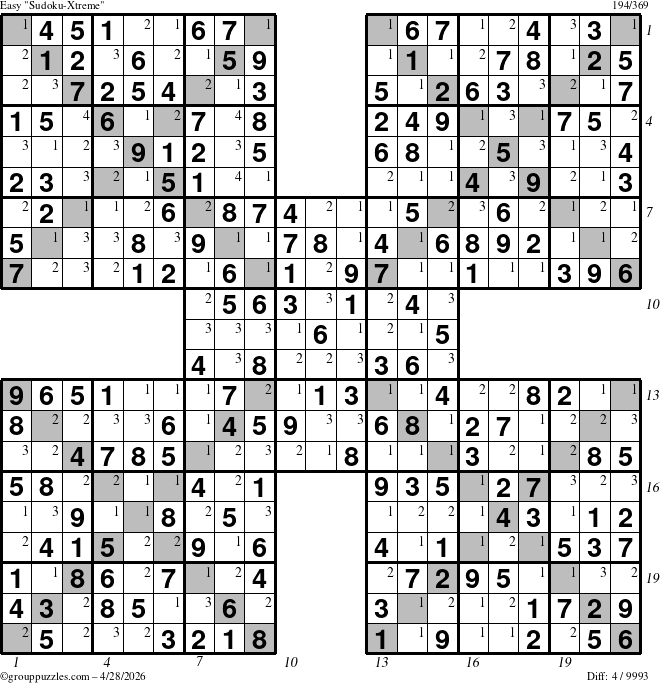 The grouppuzzles.com Easy Sudoku-Xtreme puzzle for Tuesday April 28, 2026, suitable for printing, with all 4 steps marked