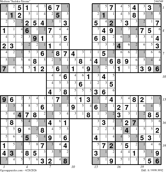 The grouppuzzles.com Medium Sudoku-Xtreme puzzle for Tuesday April 28, 2026, suitable for printing, with all 8 steps marked
