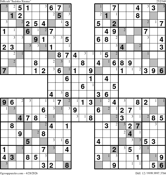 The grouppuzzles.com Difficult Sudoku-Xtreme puzzle for Tuesday April 28, 2026 with the first 3 steps marked