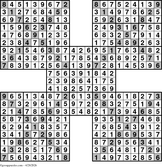 The grouppuzzles.com Answer grid for the Sudoku-Xtreme puzzle for Tuesday April 28, 2026