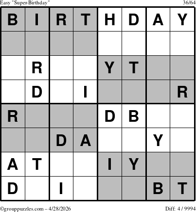 The grouppuzzles.com Easy Super-Birthday puzzle for Tuesday April 28, 2026