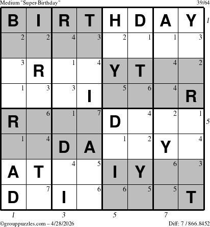 The grouppuzzles.com Medium Super-Birthday puzzle for Tuesday April 28, 2026 with all 7 steps marked