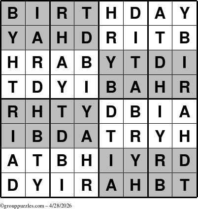 The grouppuzzles.com Answer grid for the Super-Birthday puzzle for Tuesday April 28, 2026