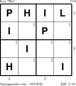 The grouppuzzles.com Easy Phil puzzle for Friday October 2, 2026 with all 2 steps marked