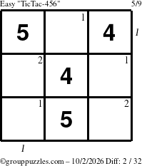 The grouppuzzles.com Easy TicTac-456 puzzle for Friday October 2, 2026 with all 2 steps marked