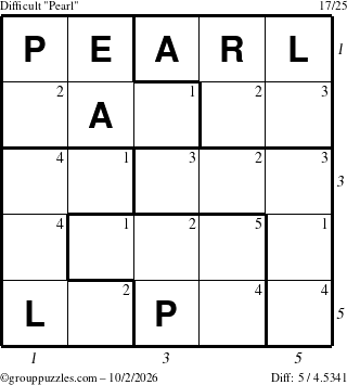 The grouppuzzles.com Difficult Pearl puzzle for Friday October 2, 2026 with all 5 steps marked