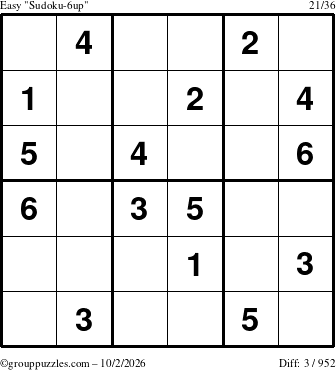 The grouppuzzles.com Easy Sudoku-6up puzzle for Friday October 2, 2026