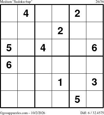 The grouppuzzles.com Medium Sudoku-6up puzzle for Friday October 2, 2026