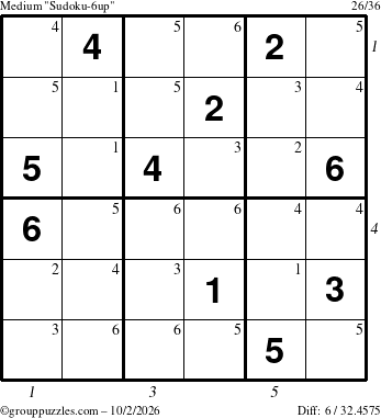 The grouppuzzles.com Medium Sudoku-6up puzzle for Friday October 2, 2026, suitable for printing, with all 6 steps marked
