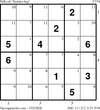 The grouppuzzles.com Difficult Sudoku-6up puzzle for Friday October 2, 2026, suitable for printing, with all 11 steps marked