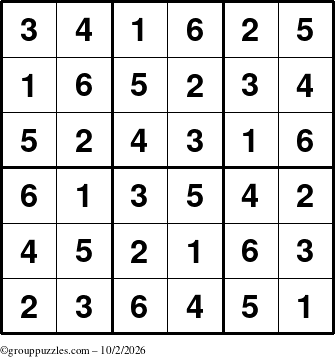 The grouppuzzles.com Answer grid for the Sudoku-6up puzzle for Friday October 2, 2026