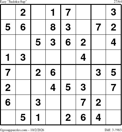 The grouppuzzles.com Easy Sudoku-8up puzzle for Friday October 2, 2026