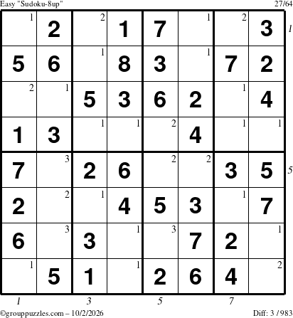 The grouppuzzles.com Easy Sudoku-8up puzzle for Friday October 2, 2026 with all 3 steps marked