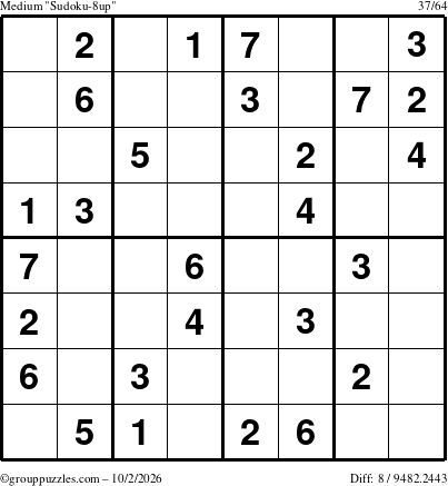 The grouppuzzles.com Medium Sudoku-8up puzzle for Friday October 2, 2026