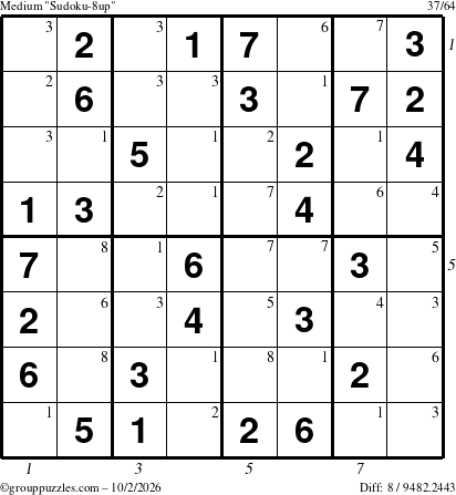 The grouppuzzles.com Medium Sudoku-8up puzzle for Friday October 2, 2026, suitable for printing, with all 8 steps marked