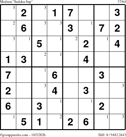 The grouppuzzles.com Medium Sudoku-8up puzzle for Friday October 2, 2026 with the first 3 steps marked
