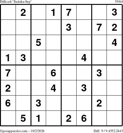 The grouppuzzles.com Difficult Sudoku-8up puzzle for Friday October 2, 2026