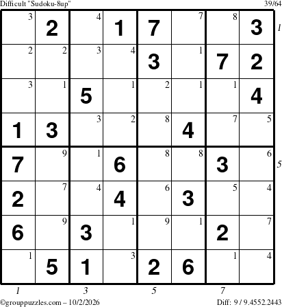 The grouppuzzles.com Difficult Sudoku-8up puzzle for Friday October 2, 2026, suitable for printing, with all 9 steps marked