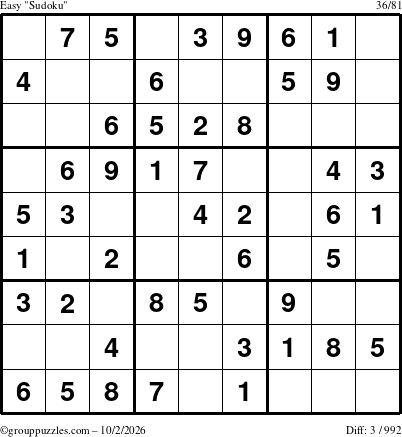 The grouppuzzles.com Easy Sudoku puzzle for Friday October 2, 2026
