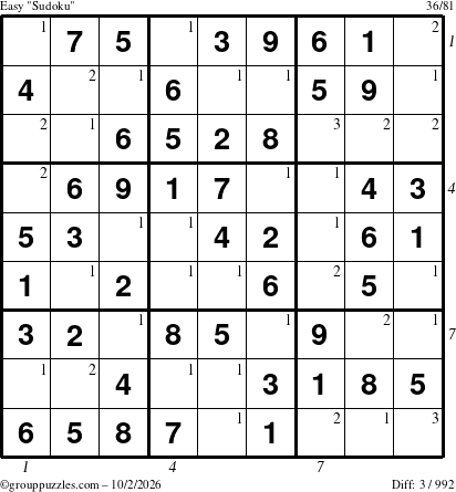 The grouppuzzles.com Easy Sudoku puzzle for Friday October 2, 2026 with all 3 steps marked