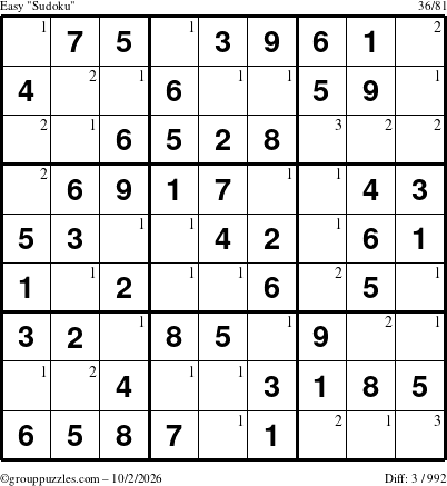 The grouppuzzles.com Easy Sudoku puzzle for Friday October 2, 2026 with the first 3 steps marked