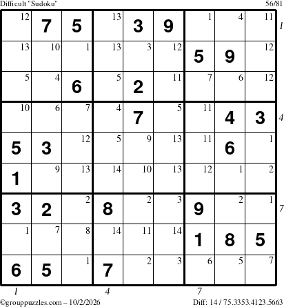 The grouppuzzles.com Difficult Sudoku puzzle for Friday October 2, 2026, suitable for printing, with all 14 steps marked