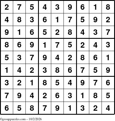 The grouppuzzles.com Answer grid for the Sudoku puzzle for Friday October 2, 2026