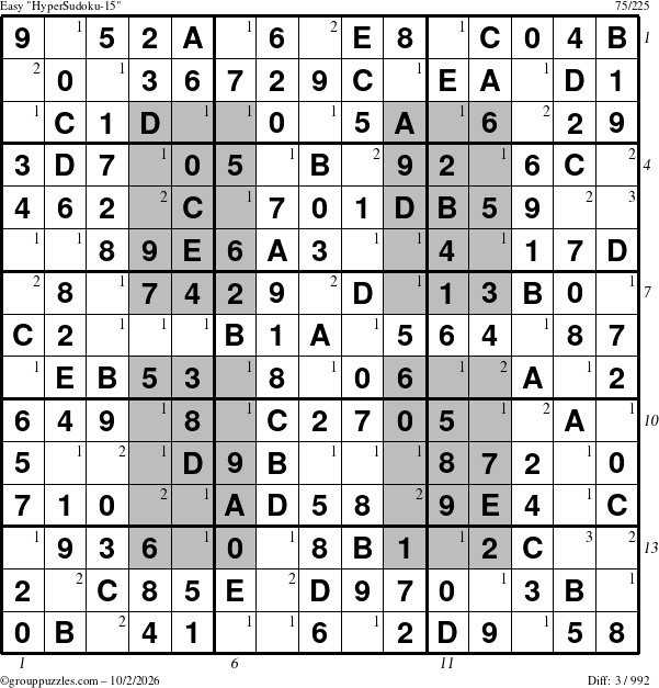 The grouppuzzles.com Easy HyperSudoku-15 puzzle for Friday October 2, 2026 with all 3 steps marked