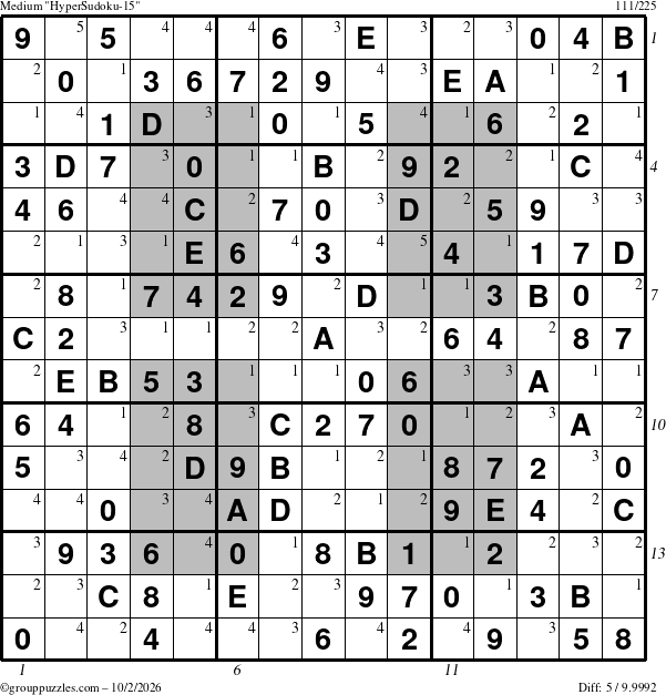 The grouppuzzles.com Medium HyperSudoku-15 puzzle for Friday October 2, 2026, suitable for printing, with all 5 steps marked