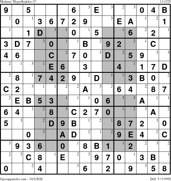 The grouppuzzles.com Medium HyperSudoku-15 puzzle for Friday October 2, 2026 with the first 3 steps marked