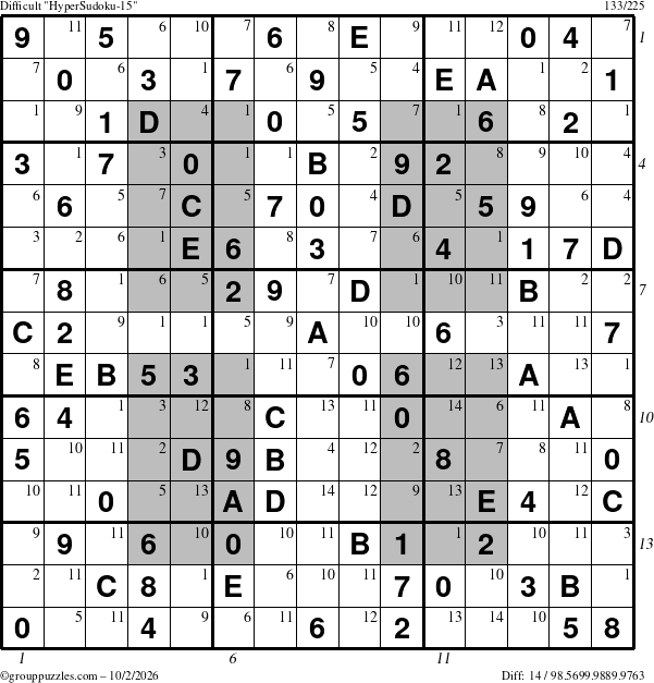 The grouppuzzles.com Difficult HyperSudoku-15 puzzle for Friday October 2, 2026 with all 14 steps marked