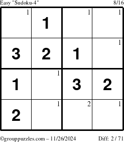 The grouppuzzles.com Easy Sudoku-4 puzzle for Tuesday November 26, 2024 with the first 2 steps marked