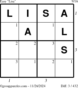 The grouppuzzles.com Easy Lisa puzzle for Tuesday November 26, 2024 with all 3 steps marked