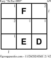 The grouppuzzles.com Easy TicTac-DEF puzzle for Tuesday November 26, 2024 with all 2 steps marked