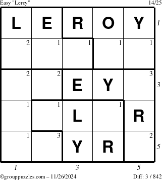 The grouppuzzles.com Easy Leroy puzzle for Tuesday November 26, 2024, suitable for printing, with all 3 steps marked