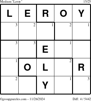 The grouppuzzles.com Medium Leroy puzzle for Tuesday November 26, 2024 with the first 3 steps marked