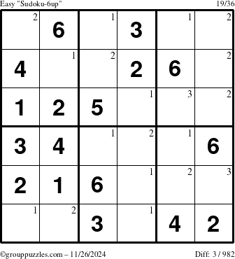 The grouppuzzles.com Easy Sudoku-6up puzzle for Tuesday November 26, 2024 with the first 3 steps marked