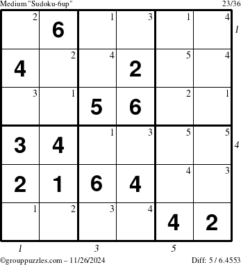 The grouppuzzles.com Medium Sudoku-6up puzzle for Tuesday November 26, 2024 with all 5 steps marked