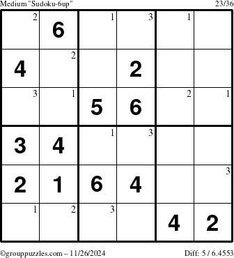 The grouppuzzles.com Medium Sudoku-6up puzzle for Tuesday November 26, 2024 with the first 3 steps marked