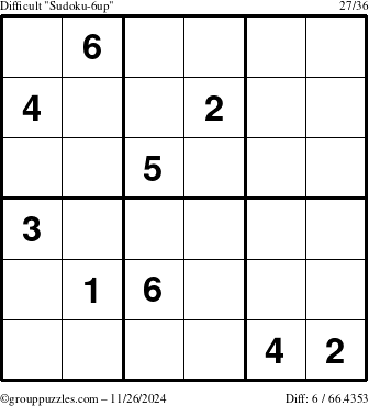 The grouppuzzles.com Difficult Sudoku-6up puzzle for Tuesday November 26, 2024