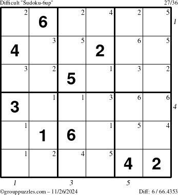 The grouppuzzles.com Difficult Sudoku-6up puzzle for Tuesday November 26, 2024 with all 6 steps marked