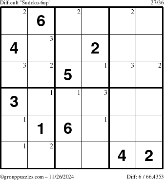 The grouppuzzles.com Difficult Sudoku-6up puzzle for Tuesday November 26, 2024 with the first 3 steps marked