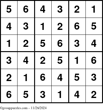 The grouppuzzles.com Answer grid for the Sudoku-6up puzzle for Tuesday November 26, 2024