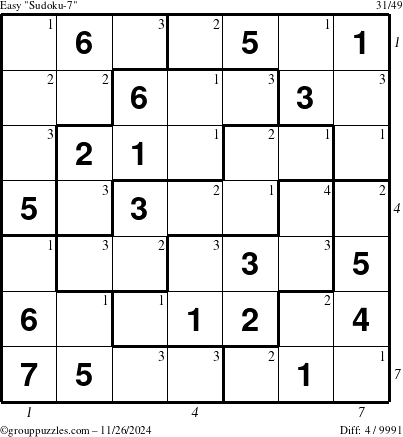 The grouppuzzles.com Easy Sudoku-7 puzzle for Tuesday November 26, 2024, suitable for printing, with all 4 steps marked