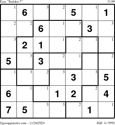 The grouppuzzles.com Easy Sudoku-7 puzzle for Tuesday November 26, 2024 with the first 3 steps marked