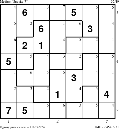 The grouppuzzles.com Medium Sudoku-7 puzzle for Tuesday November 26, 2024 with all 7 steps marked