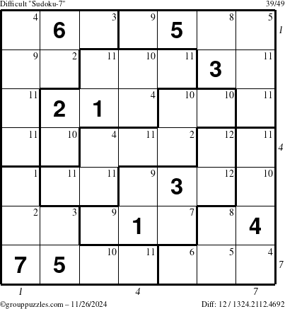 The grouppuzzles.com Difficult Sudoku-7 puzzle for Tuesday November 26, 2024 with all 12 steps marked