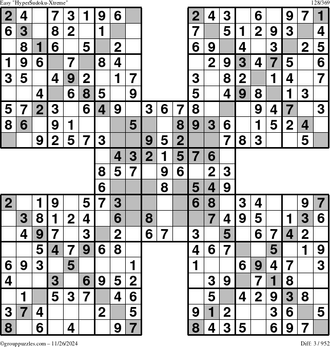 The grouppuzzles.com Easy HyperSudoku-Xtreme puzzle for Tuesday November 26, 2024