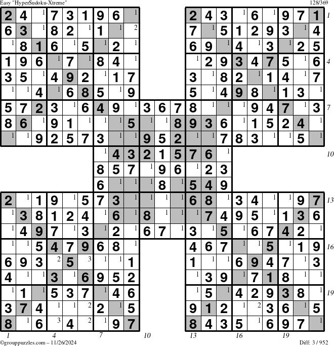 The grouppuzzles.com Easy HyperSudoku-Xtreme puzzle for Tuesday November 26, 2024 with all 3 steps marked