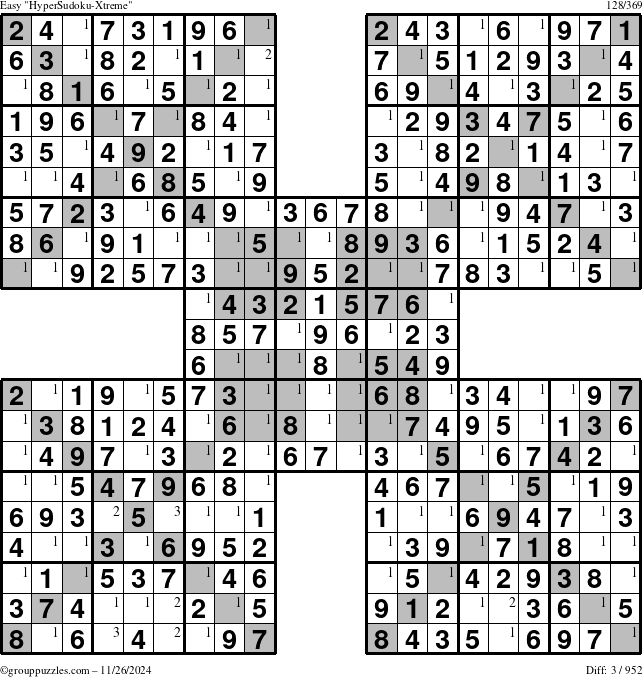 The grouppuzzles.com Easy HyperSudoku-Xtreme puzzle for Tuesday November 26, 2024 with the first 3 steps marked